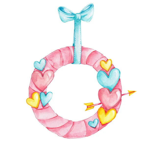 Kalpli Pembe Çelenk Suluboya Çizimi Illüstrasyon Sevgililer Günü Için Kullanılabilir — Stok fotoğraf