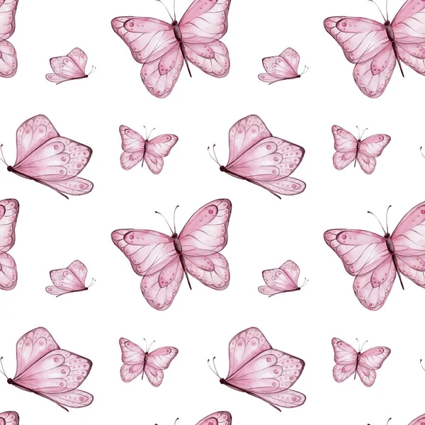Bezešvé Vzor Růžové Motýly Akvarel Ruční Kreslení Ilustrace Lze Použít — Stock fotografie