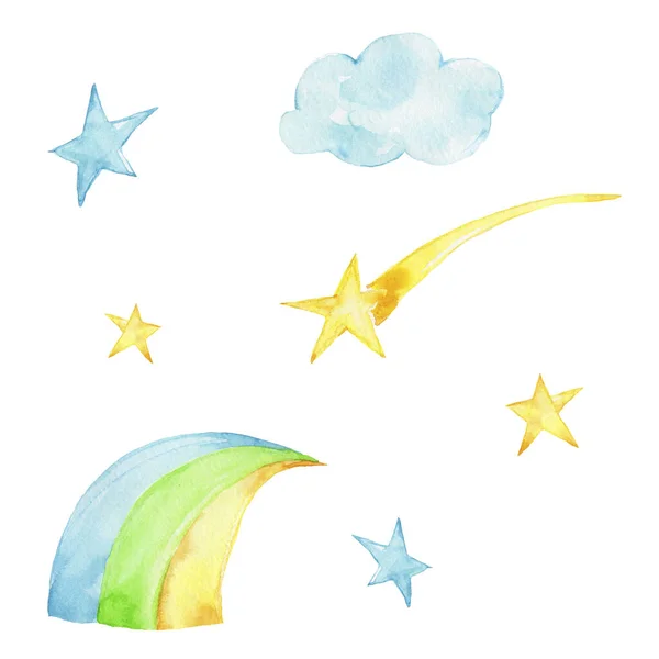 Set Con Estrellas Amarillas Azules Nube Arco Iris Ilustración Dibujo — Foto de Stock