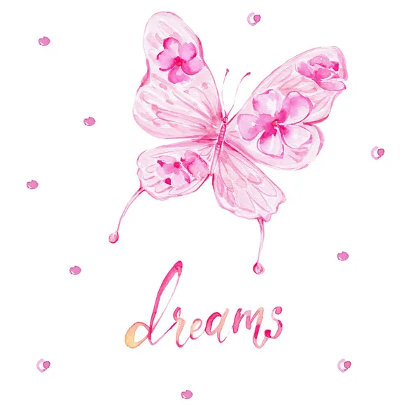 Akvarel Růžový Motýl Slovo Sny Ruční Kreslení Ilustrace Lze Použít — Stock fotografie
