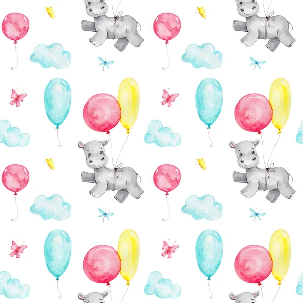 Padrão Sem Costura Com Hipopótamo Desenhos Animados Balões Coloridos Desenho — Fotografia de Stock