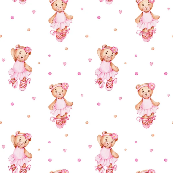 Seamless pattern with teddy bears ballerinas; watercolor hand draw illustration; with white isolated background