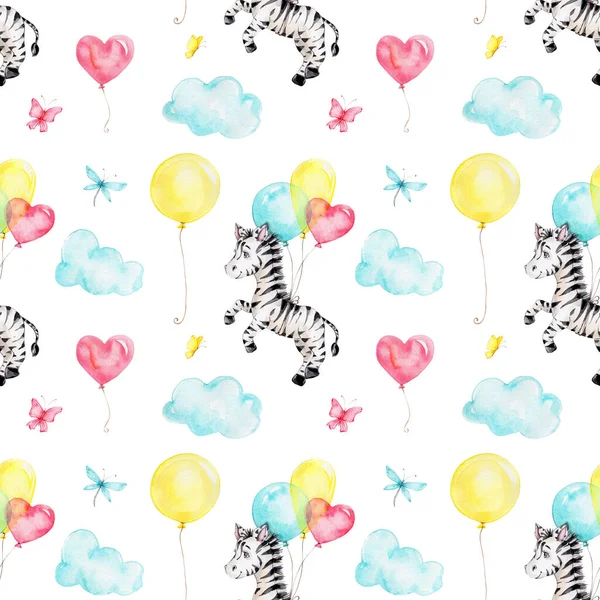 Seamless pattern with cartoon zebra and colored balloons; watercolor hand draw illustration; with white isolated background