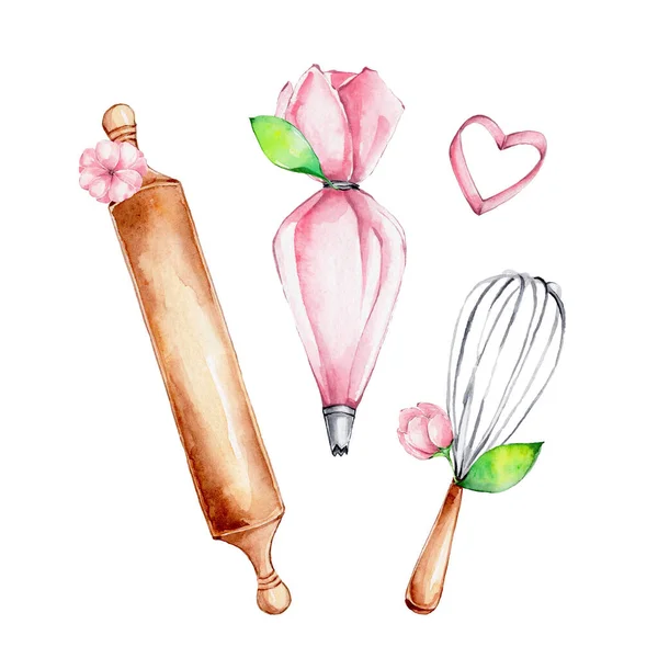 Pembe pasta poşeti, ahşap oklavalar, çırpı ve pembe çiçekler; suluboya el çizimi illüstrümanı; şekerci logosu veya mutfak posteri için kullanılabilir; beyaz izole edilmiş arka plan