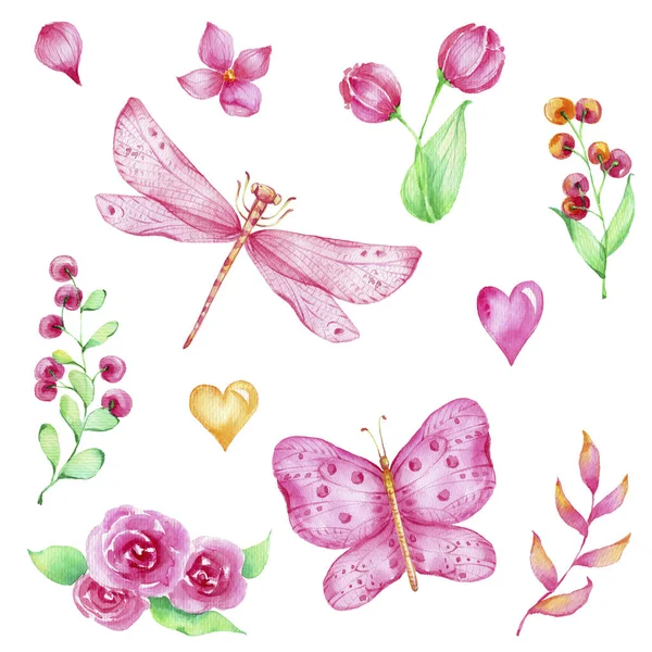 ピンクの蝶とトンボ ピンクと黄色の心 ピンクの花 水彩画の手のイラスト 白の隔離された背景と — ストック写真