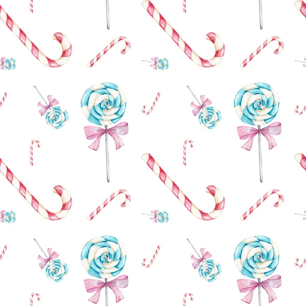 Patrón Sin Costura Rosa Azul Navidad Piruletas Acuarela Mano Dibujar —  Fotos de Stock