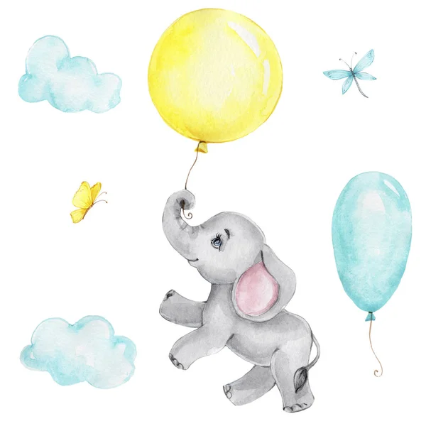 Cute cartoon little elephant flying with yellow balloon and butterfly and dragonfly; watercolor hand draw illustration; can be used for cards or kid posters; with white isolated background