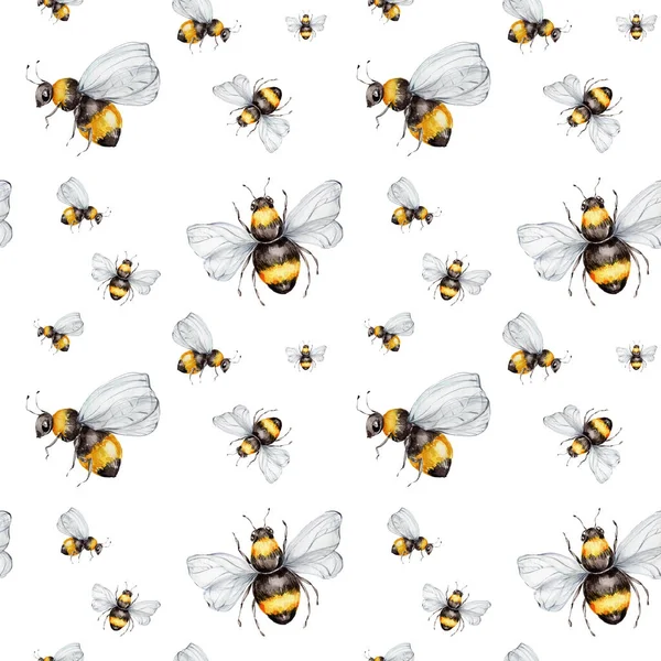 Bezešvé Vzor Včelami Akvarel Ruční Kreslení Ilustrace Bílým Izolovaným Pozadím — Stock fotografie
