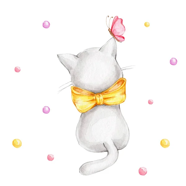 Cute kitty with yellow bow and pink butterfly; watercolor hand draw illustration; can be used for kid posters or cards; with white isolated background