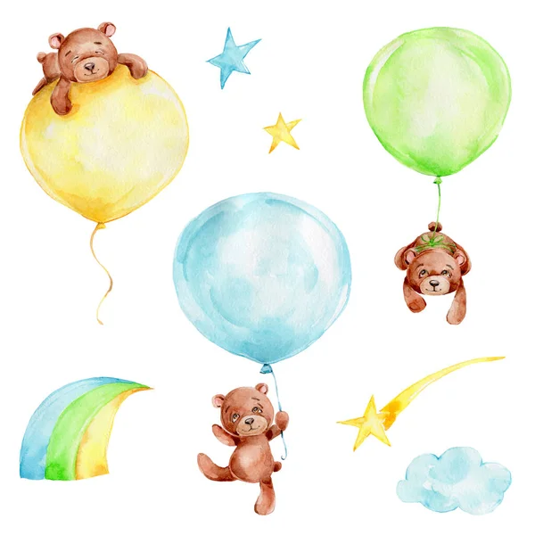 Set with three teddy bears flying on the colorful balloons and stars, cloud and rainbow; watercolor hand draw illustration; can be used for baby shower or card; with white isolated background