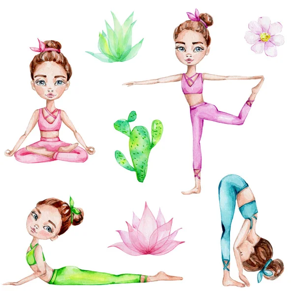 Set of four cute young girls in yoga poses and green, pink and purple flowers; watercolor hand draw illustration; can be used for cards or sport posters; with white isolated background