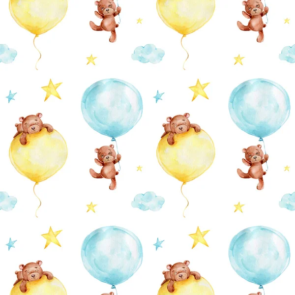 Bezproblémový Vzor Kresleným Medvídkem Modrými Žlutými Balónky Mraky Hvězdami Akvarel — Stock fotografie
