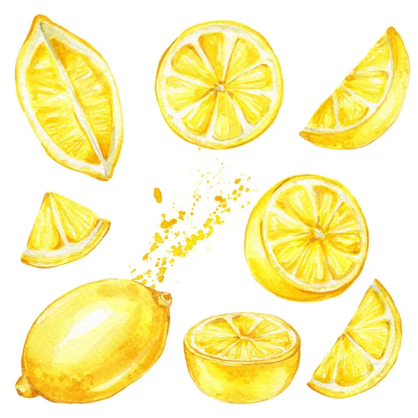 Conjunto Limones Jugosos Amarillos Ilustración Del Dibujo Mano Acuarela Puede —  Fotos de Stock