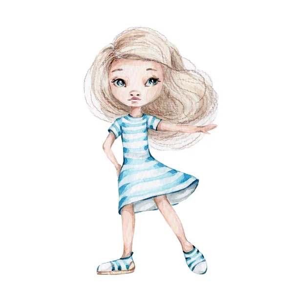 Menina Loira Bonito Vestido Azul Branco Listrado Aquarela Mão Desenhar — Fotografia de Stock