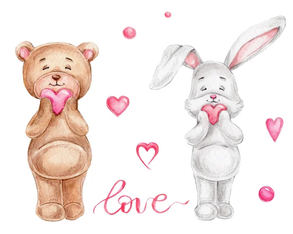 Cute cartoon bunny and teddy bear, pink hearts and circles, lettering 
