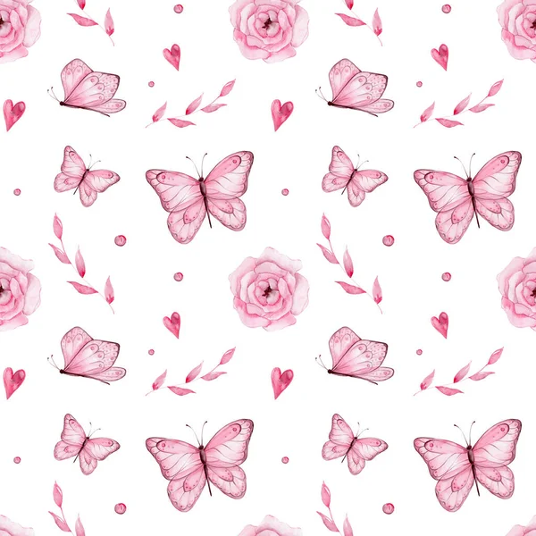 Płynny Wzór Różowymi Motylami Różowymi Kwiatami Akwarela Ręka Rysować Ilustracji — Zdjęcie stockowe