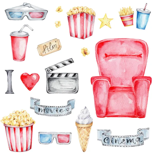 Big cinema set with popcorn, 3d glasses, ice cream, chips, red seat, movie ticket, yellow star; watercolor hand draw illustration; with white isolated background
