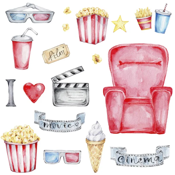 Big cinema set with popcorn, 3d glasses, ice cream, chips, red seat, movie ticket, yellow star; watercolor hand draw illustration; with white isolated background