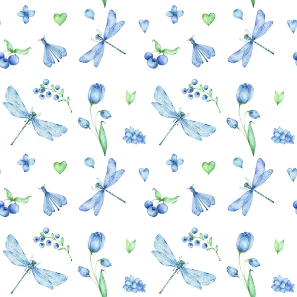 Bezešvé Vzor Vážky Květiny Listy Bobule Zelené Modré Srdce Akvarel — Stock fotografie