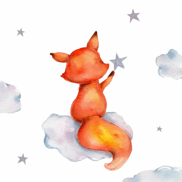 Pequeño Zorro Lindo Sentado Nube Estrella Ilustración Del Dibujo Mano —  Fotos de Stock