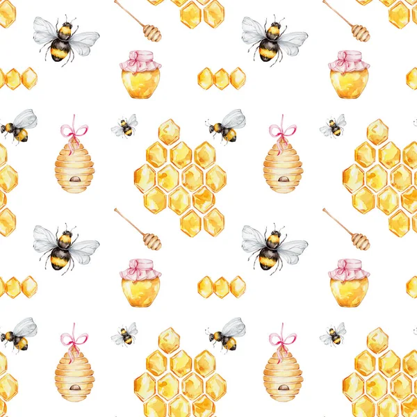 Płynny Wzór Plastrami Miodu Słoiki Łyżki Pszczoły Uli Akwarela Ręka — Zdjęcie stockowe