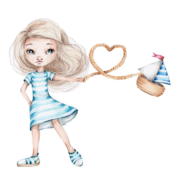 Cute Girl Niebiesko Białej Sukience Statek Zabawka Akwarela Ręka Rysować — Zdjęcie stockowe