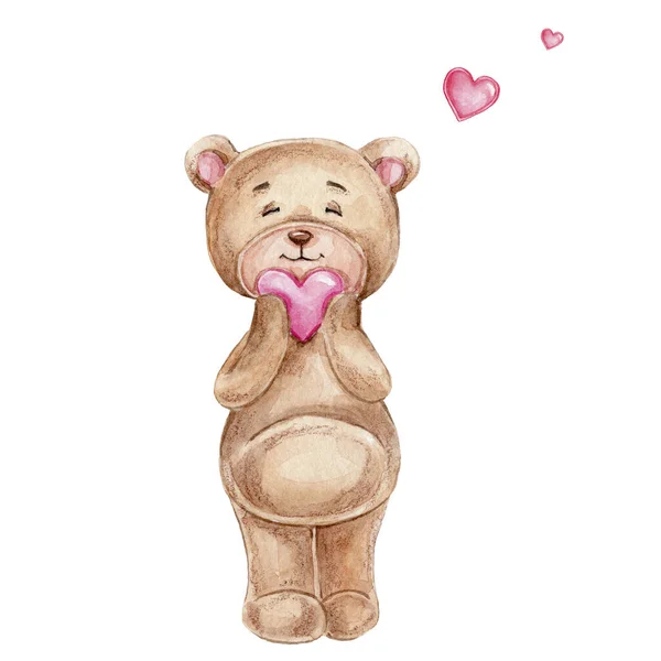 Cute Cartoon Bear Pink Hearts Watercolor Hand Draw Illustration Can — Stock Photo, Image