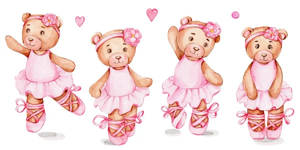 Set of four teddy bears ballerina and pink elements; watercolor hand draw illustration; can be used for baby shower or cards; with white isolated background