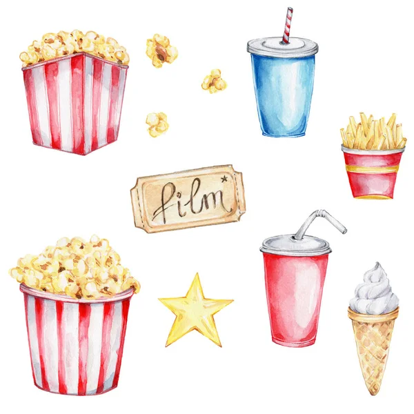 Set of fast food for cinema: popcorn, soda, chips, ice cream, and yellow star and movie ticket; watercolor hand draw illustration; with white isolated background