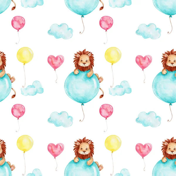 Padrão Sem Costura Com Leões Desenhos Animados Balões Coloridos Ilustração — Fotografia de Stock