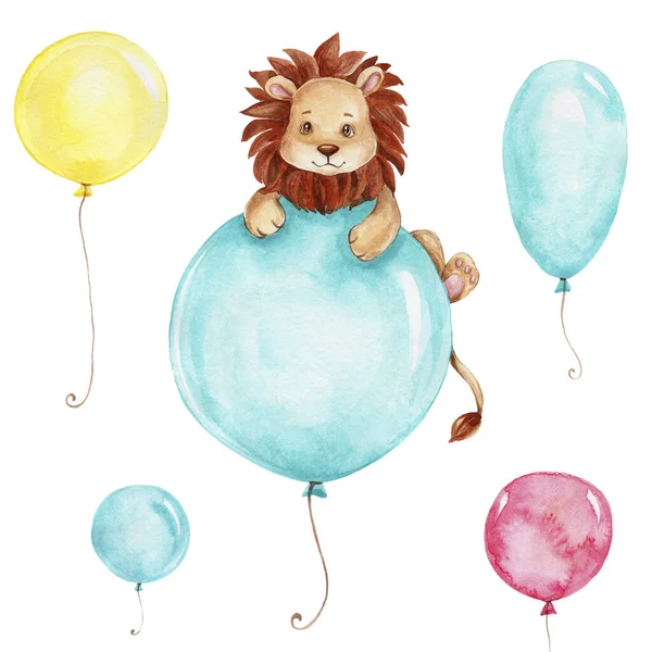Karikatura Lev Velkém Modrém Balónu Barevné Balónky Akvarel Ruční Kreslení — Stock fotografie