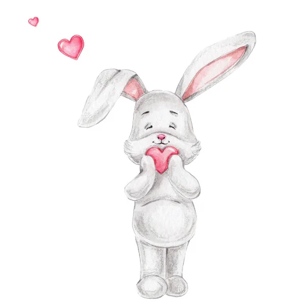 ピンク色のハートのかわいい漫画のウサギ 水彩画の手描きイラスト バレンタインデーに使用することができます — ストック写真