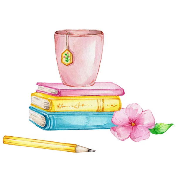 Pilha Livros Lápis Amarelo Caneca Chá Rosa Desenho Mão Aquarela — Fotografia de Stock