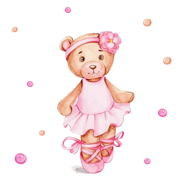 Bailarina Urso Desenho Animado Bonito Vestido Rosa Ilustração Desenho Mão — Fotografia de Stock