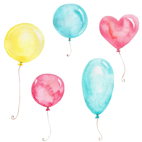 Balões Coloridos Desenho Mão Aquarela Ilustração Com Fundo Isolado Branco — Fotografia de Stock