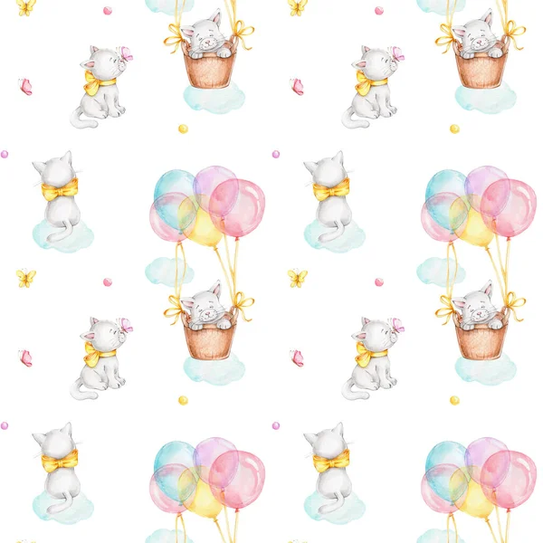 无缝图案 有可爱的猫 气球和蝴蝶 水彩画插图 背景白色孤立 — 图库照片