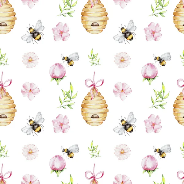 Seamless Pattern Bees Hives Pink Flowers Green Leaves Watercolor Hand — Stock Photo, Image