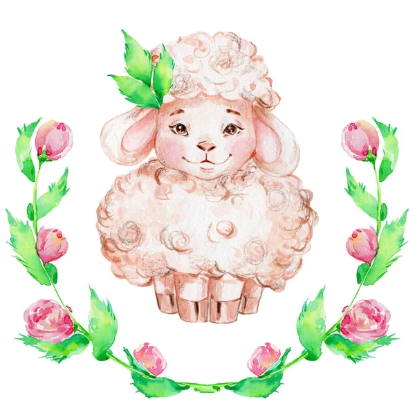 可爱的卡通绵羊和花环 水彩画插图 可用于卡片或内部海报 背景为白色孤立的 — 图库照片