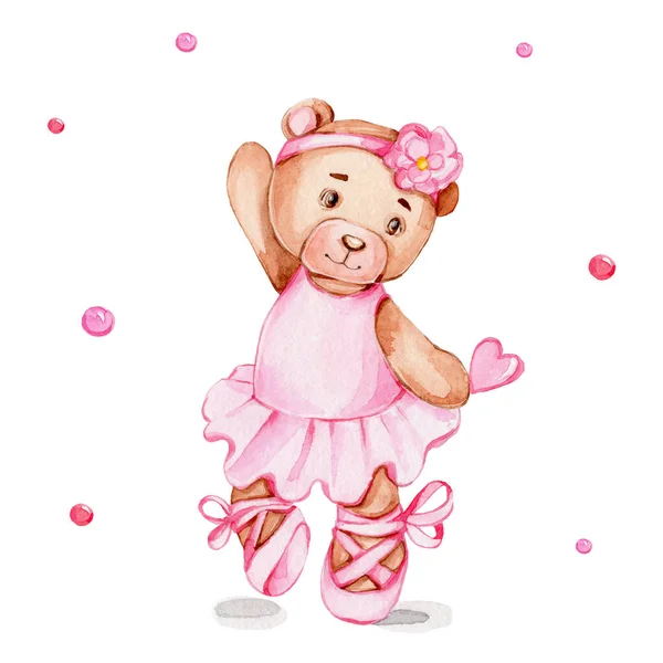 Cute cartoon bear ballerina in pink dress; watercolor hand draw illustration; can be used for baby shower or cards; with white isolated background