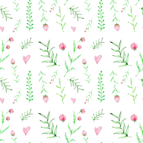 シームレスなパターンピンクの花や緑の葉 水彩手のイラストを描く 白の隔離された背景と — ストック写真
