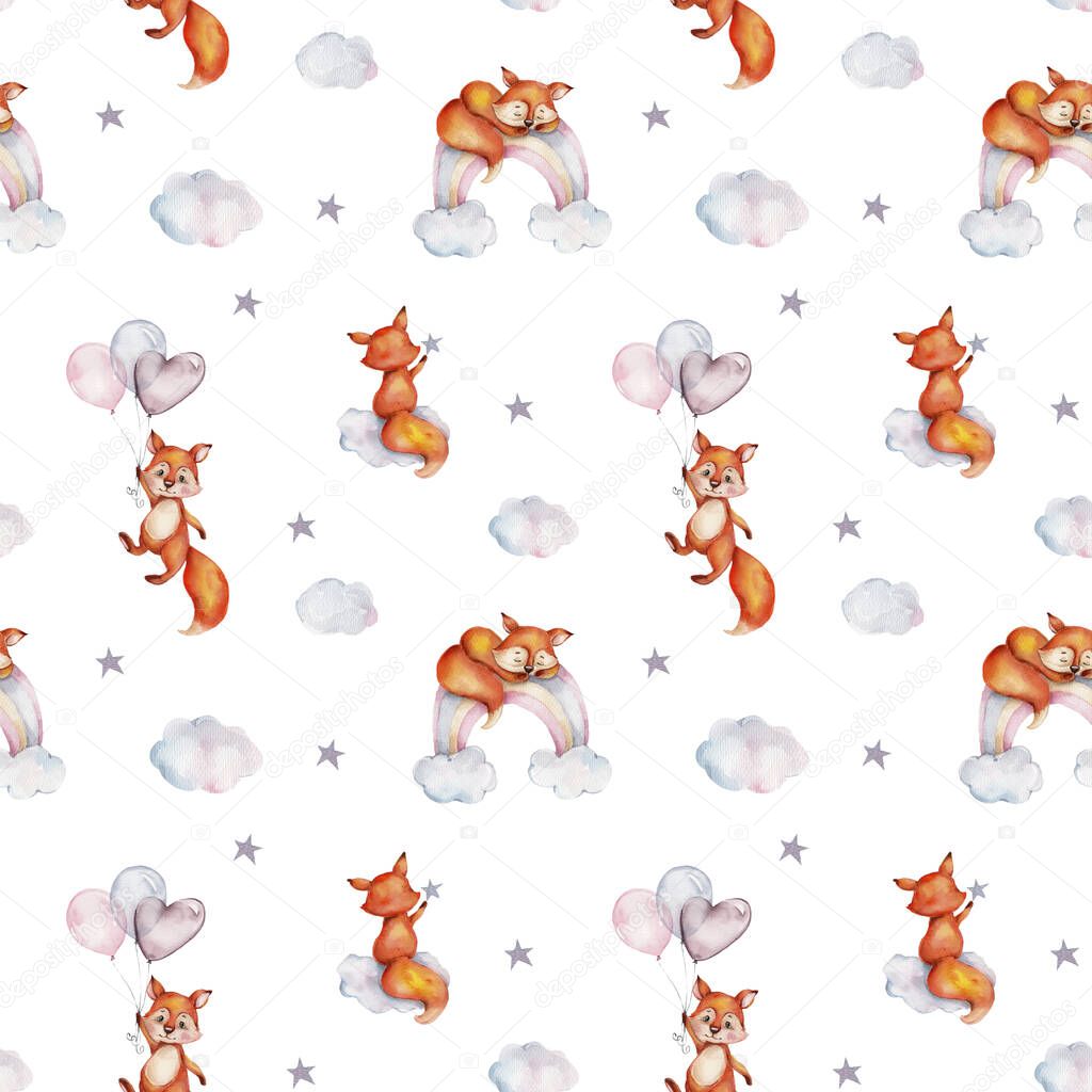 Seamless pattern cute cartoon foxes, clouds, stars, rainbows and balloons; watercolor hand draw illustration; can be used for baby shower and cards; with white isolated background