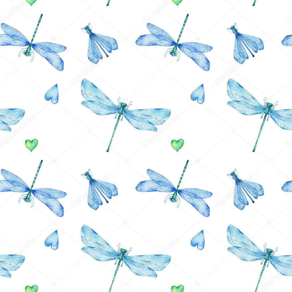 Seamless pattern with dragonflies and green and blue hearts; watercolor hand draw illustration; with white isolated background
