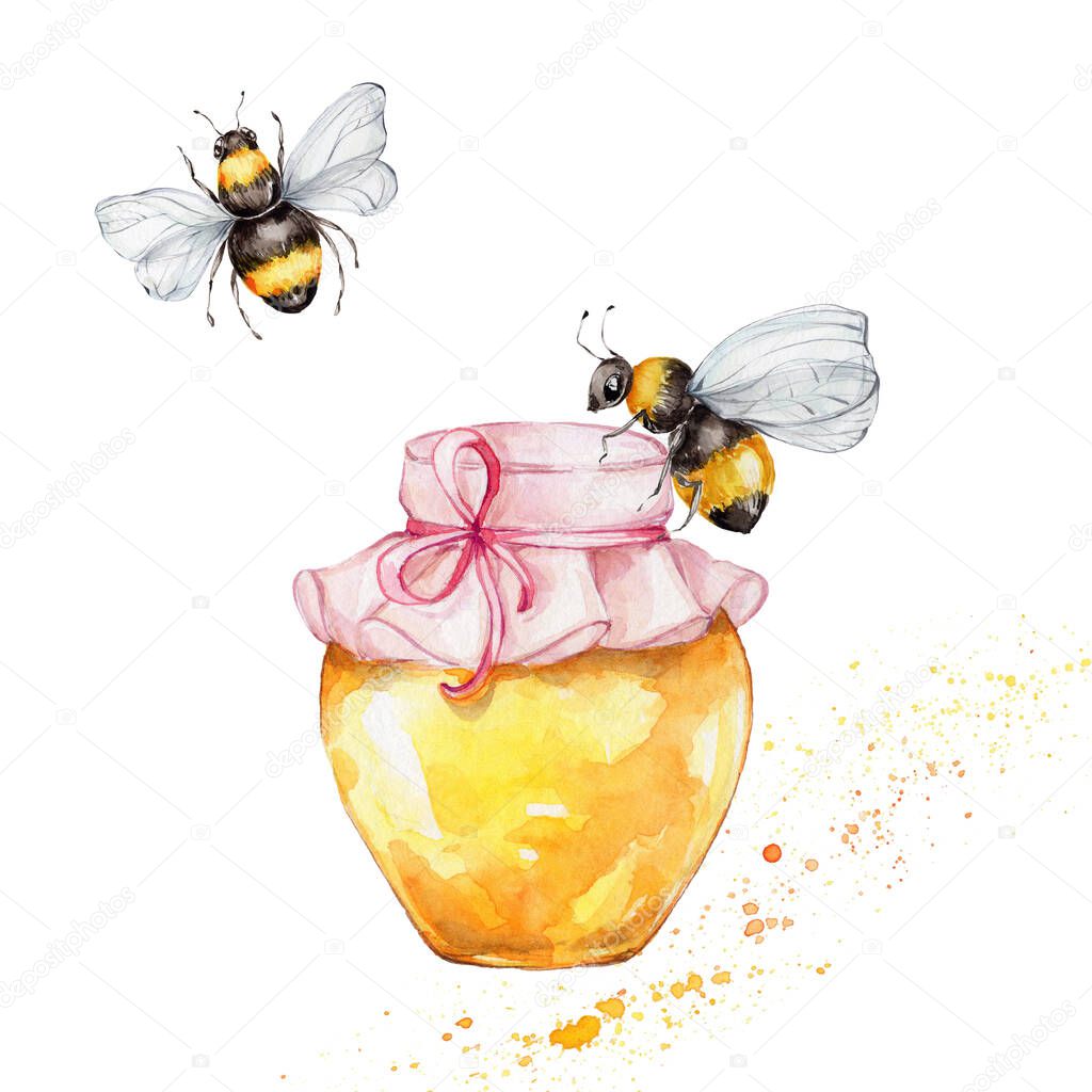 Jar with honey and bees; watercolor hand draw illustration; with white isolated background