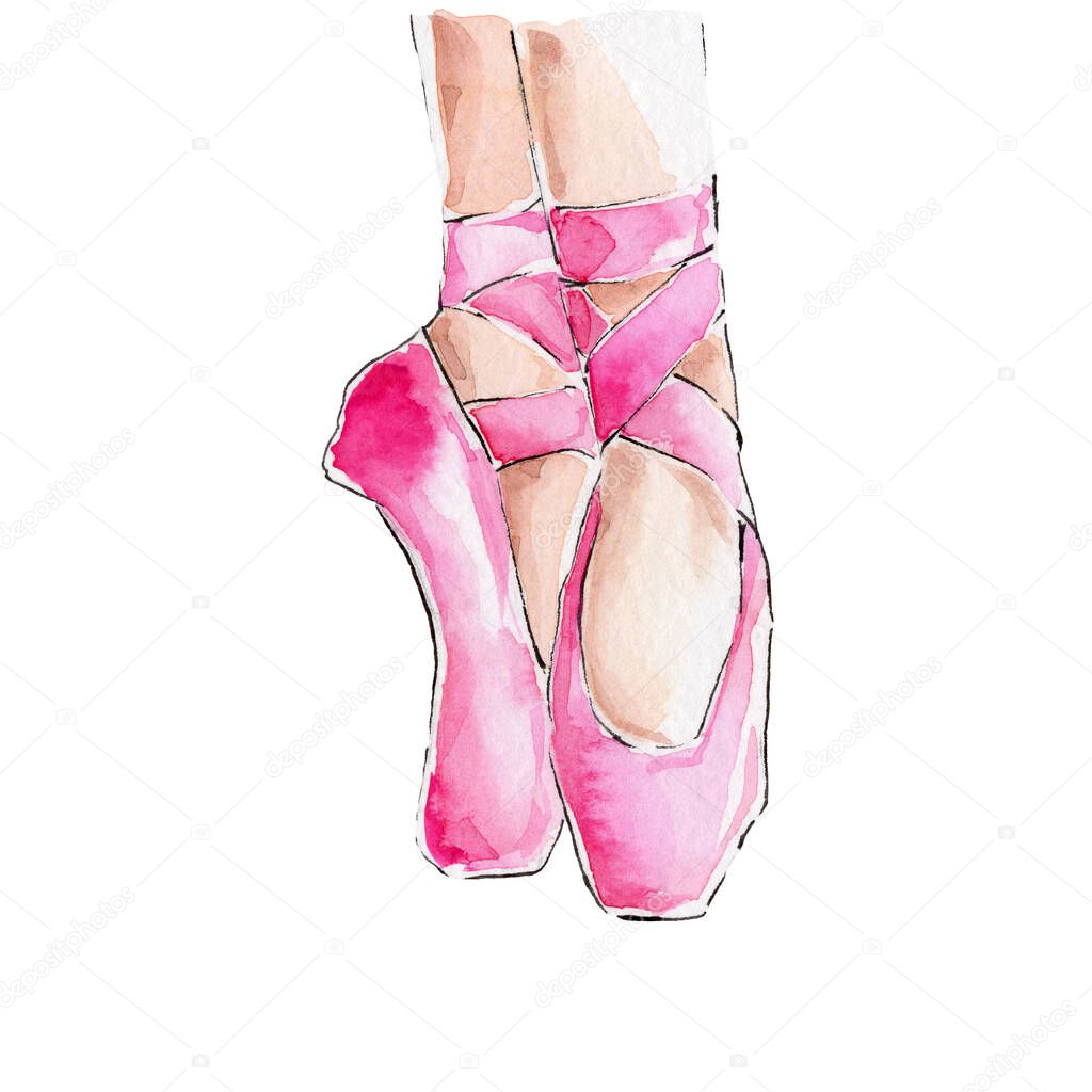 Pink ballet pointes; watercolor hand draw illustration; with white isoated background