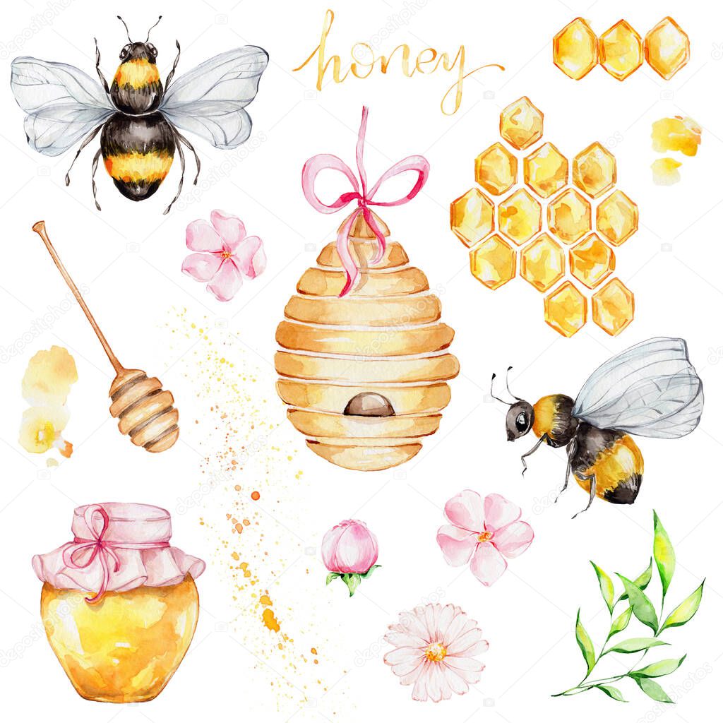 Beehive, honeycombs, honey spoon and yellow lettering 