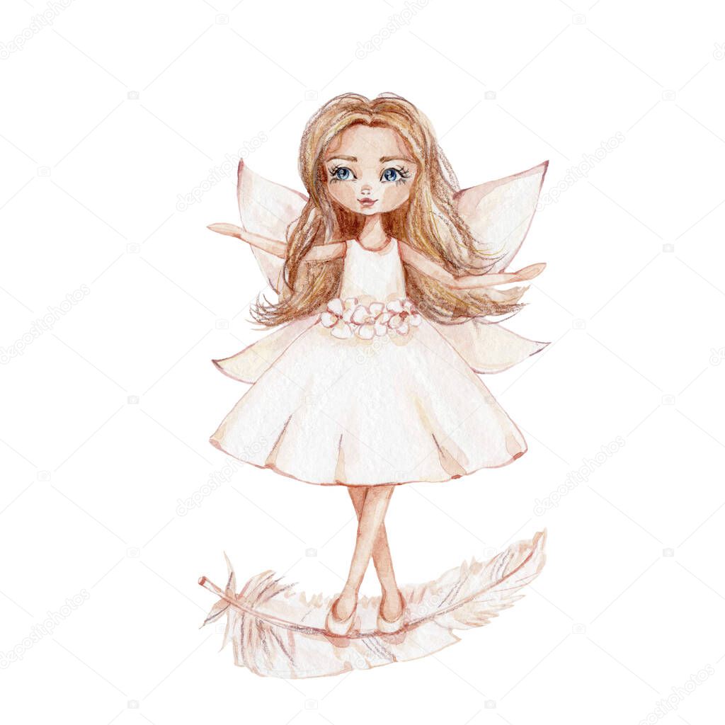Cartoon little girl with white wings standing on feather; watercolor hand draw illustration; can be used for kid posters or cards; with white isolated background