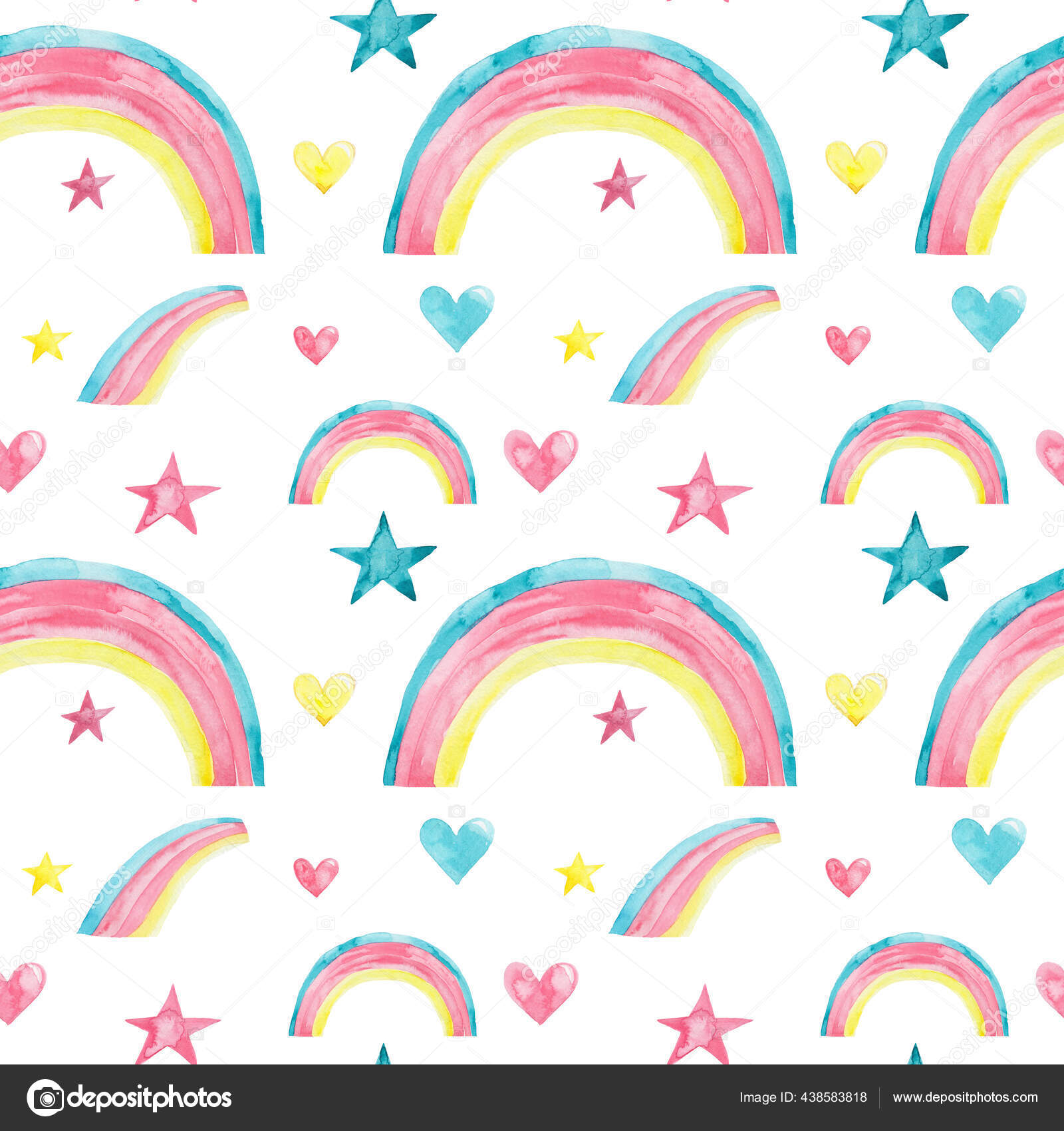 Padrão Sem Costura Com Arco Íris Estrelas Coloridas Corações Aquarela  Ilustração de ©NinaNovikova #438583818, image size:1600x1700