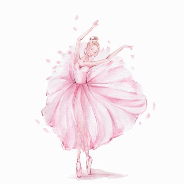 Pembe güzel balerin; suluboya el çizimi illüstrasyon; kart veya posterler için kullanılabilir; beyaz izole edilmiş arka plan