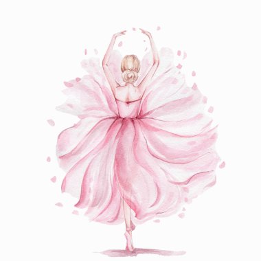 Pink pretty ballerina; watercolor hand draw illustration; can be used for cards or posters; with white isolated background clipart