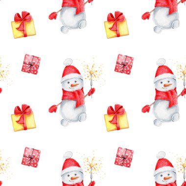 Kusursuz desenli kardan adamlar ve kırmızı ve sarı hediye kutuları; suluboya el çizimi illüstrasyonları; beyaz izole arkaplan ile noel kartpostalları için kullanılabilir.